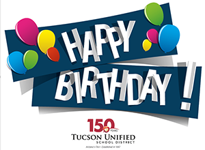 Happy Birthday graphic celebrating Ƶapp Unified School District's 150th anniversary. 